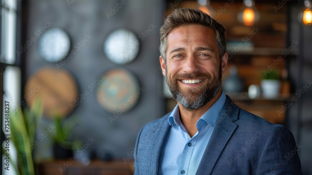 Fototapeta premium A man wearing a blue suit smiles for the camera