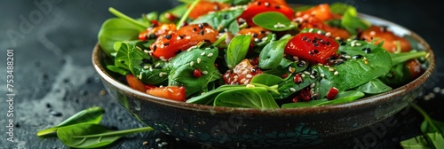 A detailed view of a bowl filled with food on a wooden table photo