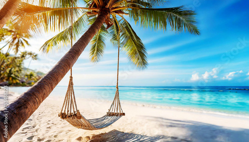 Fototapeta Naklejka Na Ścianę i Meble -  Closeup of an empty hammock hanging on palm trees of a beautiful tropical island at sunset or sunrise, and sea waves crashing on the coast. Generative Ai.
