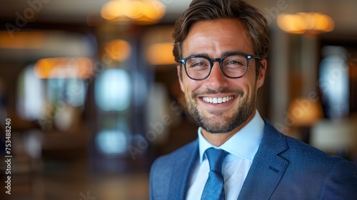 A man wearing a suit and tie is happily smiling