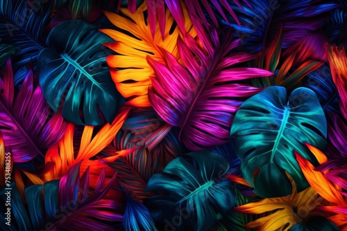 Vibrant neon tropical leaves pattern, perfect for fashion, wallpapers, and abstract backgrounds