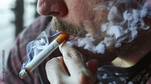 Close-up of a Man Smoking a Cigarette, Exhaling Smoke with a Blurred Background photo