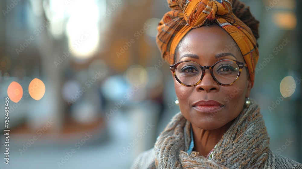 Fototapeta premium A woman wearing glasses and a yellow head scarf