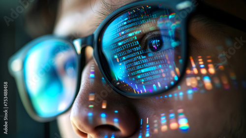 Close-up of Man Wearing Eyeglasses with Data Code Reflection, Symbolizing Digital Surveillance and Cybersecurity