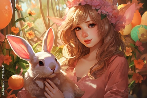 cute girl and easter bunny, painted drawing. spring holiday, greeting card.