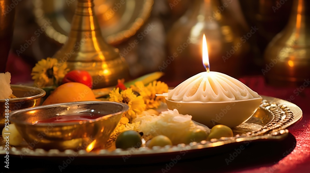 Obraz premium Happy Diwali Celebration Concept, Closeup Image of Worship Plate Decorated with Illuminated Oil Lamp and Foods.
