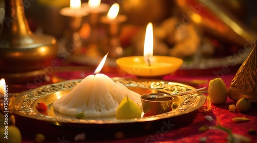 Happy Diwali Celebration Concept, Closeup Image of Worship Plate Decorated with Illuminated Oil Lamp and Foods. photo