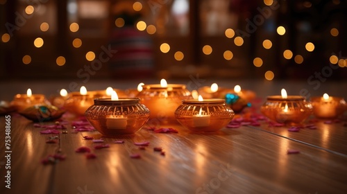 Happy Diwali Celebration Concept with Illuminated Golden Candles Decorative on Wooden Background.