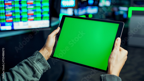Person Holding Tablet with Green Screen for Mockup in Front of Monitoring Display, Digital Interface Concept
