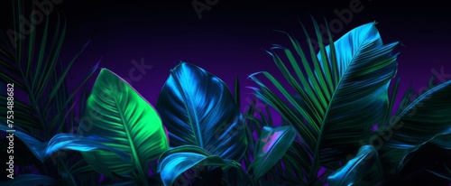 Vibrant neon tropical leaves on a dark ultraviolet backdrop  perfect for modern design and elegant wallpapers