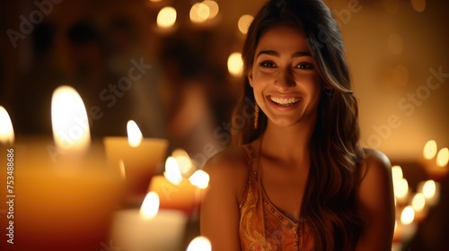 Happy Diwali Concept- A happy Indian Woman surrounded by illuminated candles in room.