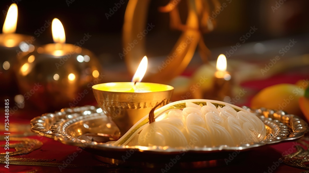 Fototapeta premium Happy Diwali Celebration Concept, Closeup Image of Worship Plate Decorated with Illuminated Oil Lamp and Foods.