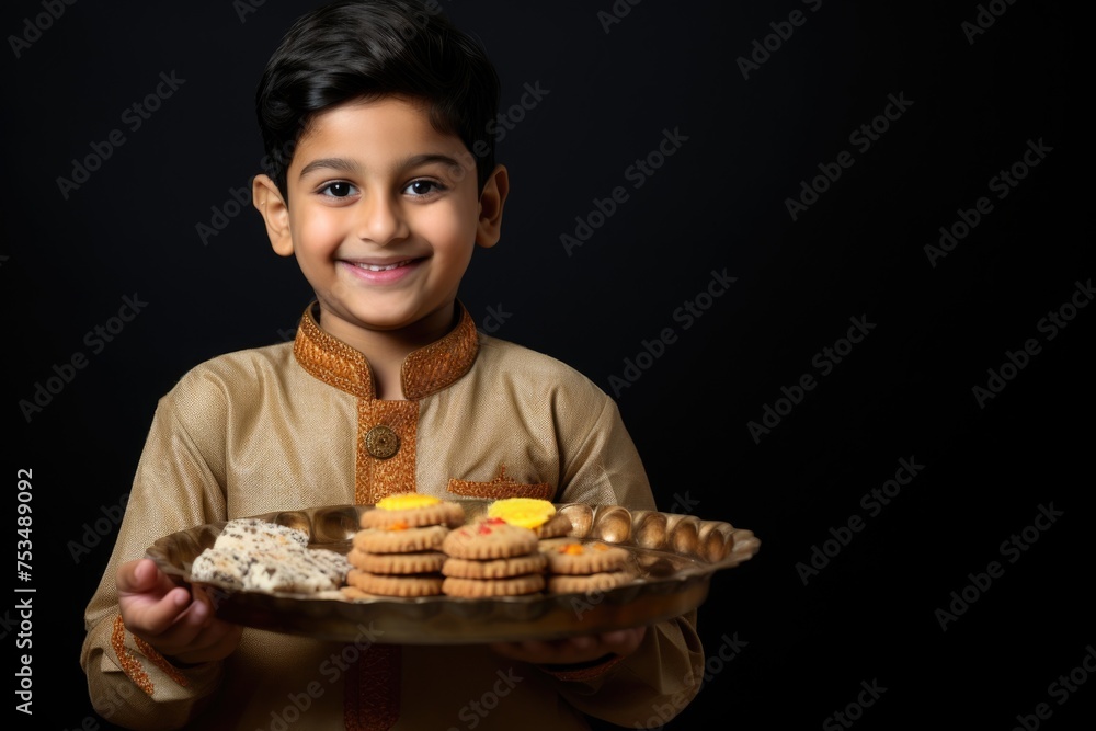Indian Young Boy Holding a Plate of Delicious Foods in Lighting Dark Background. Indian Young Boy Holding a Plate of Delicious Foods in Lighting Dark Background.