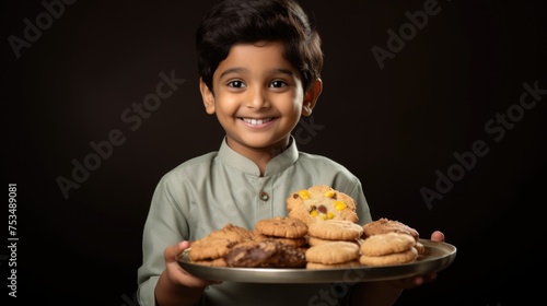 Indian Young Boy Holding a Plate of Delicious Foods in Lighting Dark Background.