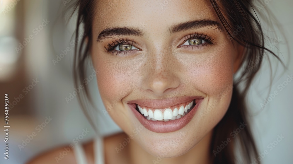Close-up of a woman smiling while holding a toothbrush in her mouth Close-up of a woman smiling while holding a toothbrush in her mouth