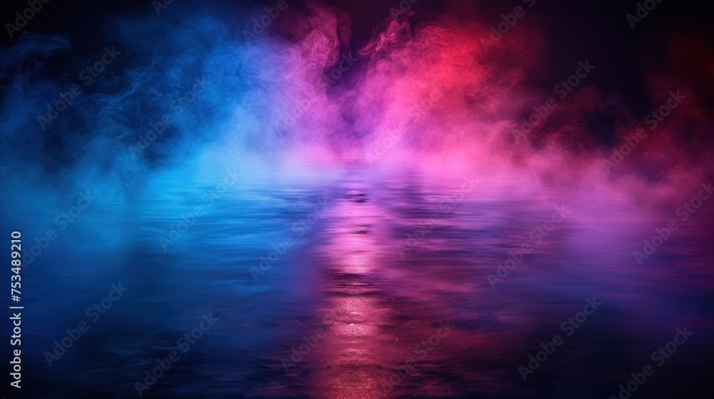 Body of water filled with vibrant, colorful smoke