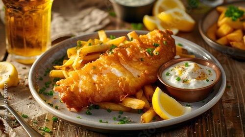 Fried fish and fries served on a porcelain plate. Seasonings, lemon, tartar sauce, beer on a wooden table.  photo