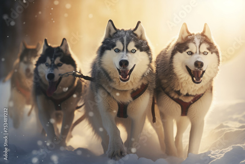 sledding  a team of malamutes or huskies running through the snow. northern sled dogs.