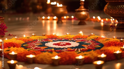 Happy Diwali Celebration Concept - Beautiful floral rangoli decorated with illuminated oil lamp or diya on Floor in Interior View.