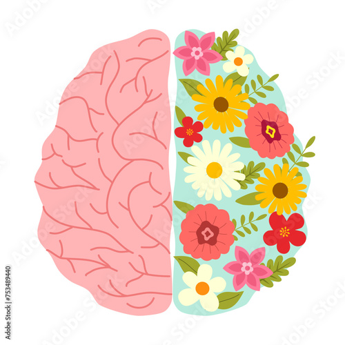 Mental health vector illustration. Left and right human brain concept. Brain design with flower, plant and leaves in flat design on white background.