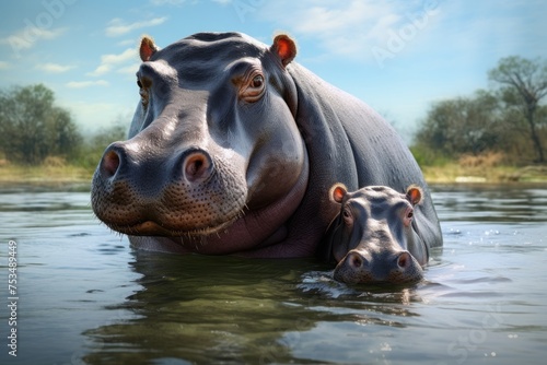 Hippo mom and her cub together. mother hippopotamus. © MaskaRad