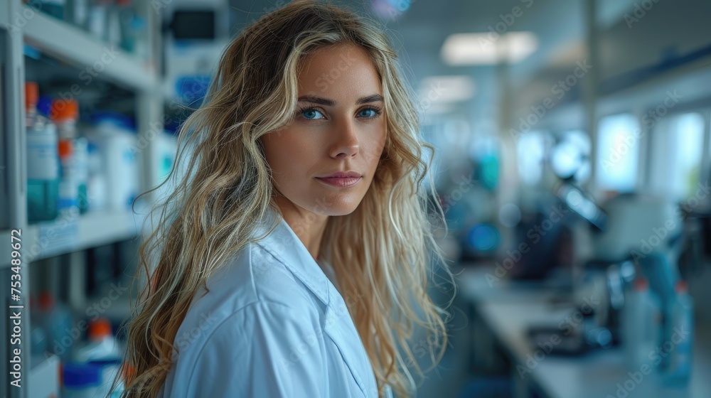 Confident female scientist in research facility. Confident female scientist in research facility.