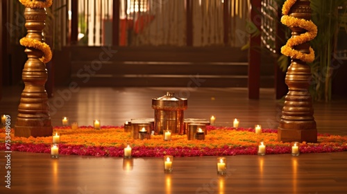 Happy Diwali Celebration Concept, Illuminated candles with flower decoration on floor in fornt of stair view in hall