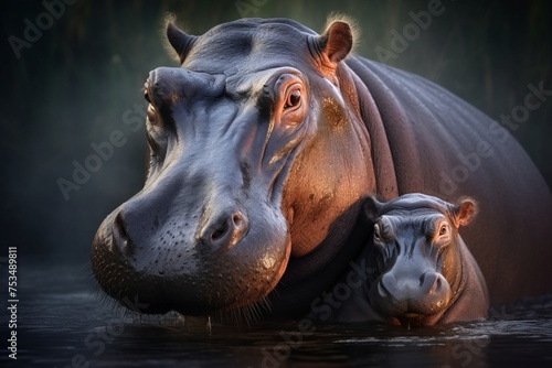 Hippo mom and her cub together. mother hippopotamus.