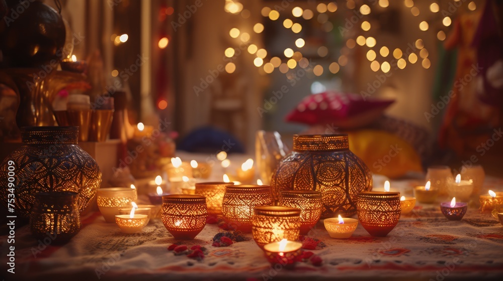 Happy Diwali Celebration Background with Illuminated Candles or Diya Decorated on Floor in Room.