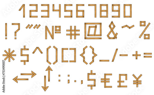 Collection Wooden Geometric Numbers and Symbol design isolated white background. Set Grunge element with wood texture. Vector illustration can used web social media design. EPS 10 Editable stroke.
