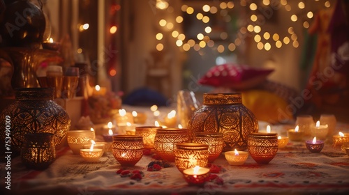 Happy Diwali Celebration Background with Illuminated Candles or Diya Decorated on Floor in Room.