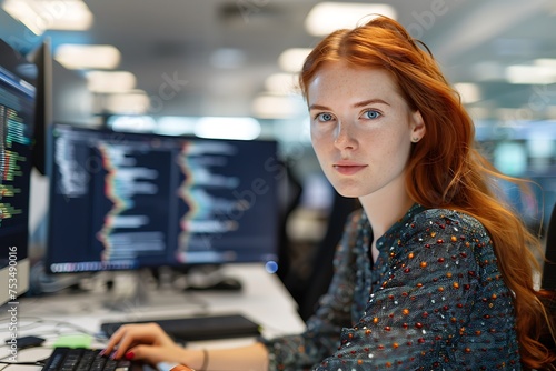 Portrait of Talented Red-Haired Female Programmer: Focused at Workstation