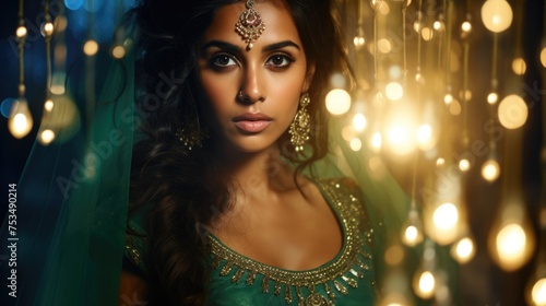 Happy Diwali Concept- Elegant Indian Woman in Green dress with traditional jewelry in lighting background.