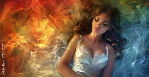 Ethereal Woman in White Dress Surrounded by Dreamy Smoke Colors