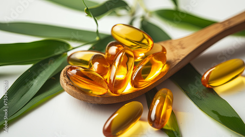 Omega 3 capsules on a wooden spoon on a white isolated background photo