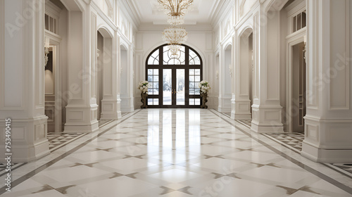 3D rendering of the interior of a classic room with marble floor  Luxury classic colonnade corridor with marble floor and row of lusters