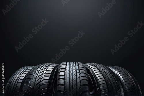 3D illustration of car tires against dark backdrop with ample copy space by ai generated