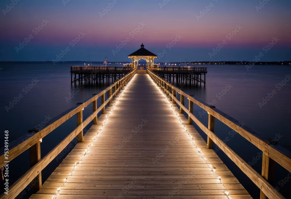 A boardwalk stretches towards a pier adorned with twinkling lights, inviting an evening stroll by the sea by ai generated