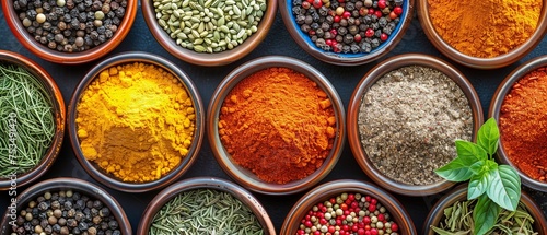 vibrant backdrop created by a variety of spices and herbs for bowl cooking. top view