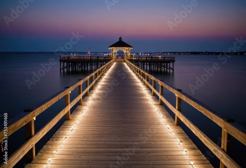 A boardwalk stretches towards a pier adorned with twinkling lights, inviting an evening stroll by the sea by ai generated © SR Creative Idea