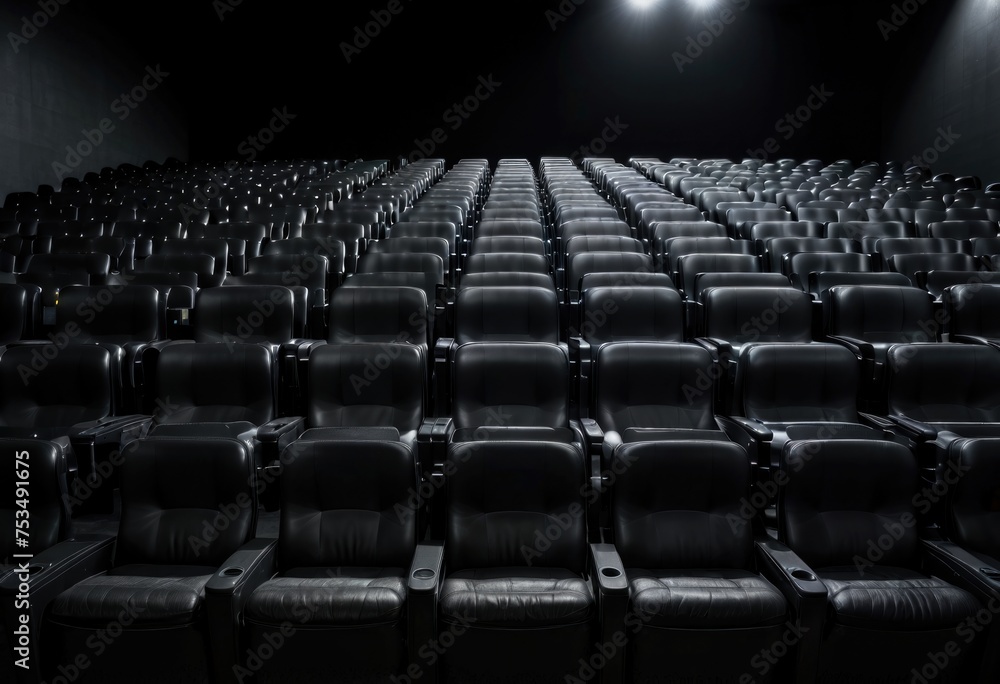 A cinema movie theater featuring rows of black seats against a black background, creating a classic cinematic atmosphere by ai generated A cinema movie theater featuring rows of black seats against a black background, creating a classic cinematic atmosphere by ai generated