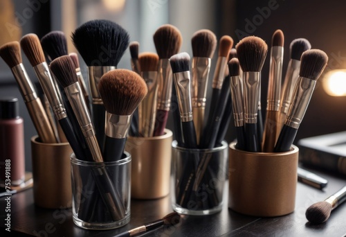 A close-up of a set of makeup brushes in a holder and cosmetics arranged neatly on a table by ai generated photo
