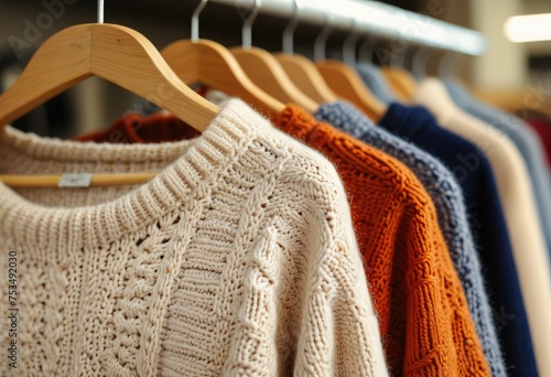 A close-up of a warm knitted sweater hanging on a hanger in a store photo