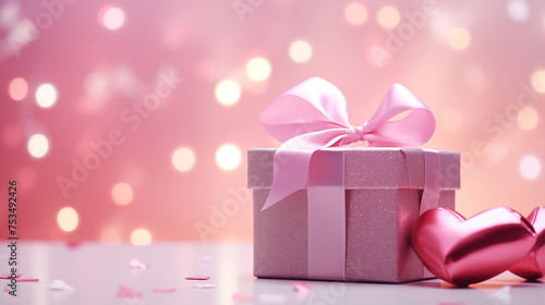 Realistic Pink Gift Box heart shaped ornament with pink bow and ribbon on the white table with glitter, blur bokeh background. for use to valentine's content.