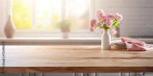 Bright interior decoration with a wooden kitchen table top on a blurry background. Perfect for personalized design.