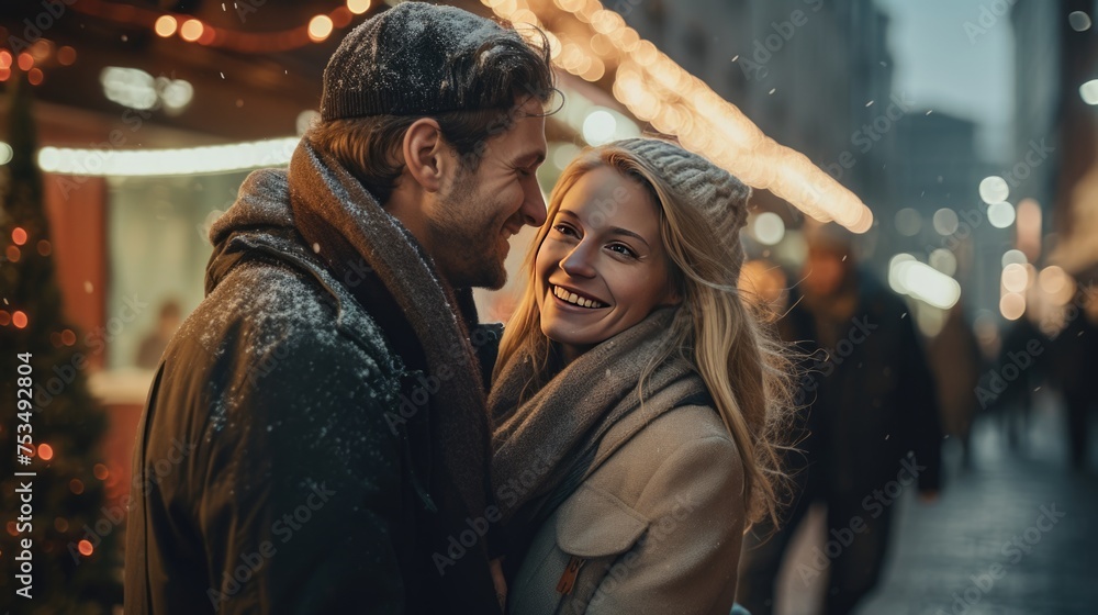 Fototapeta premium American happy couple posing for a picture in the city and enjoying a honeymoon or winter holiday.