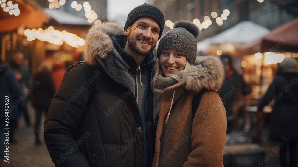 American happy couple posing for a picture in the city and enjoying a honeymoon or winter holiday.