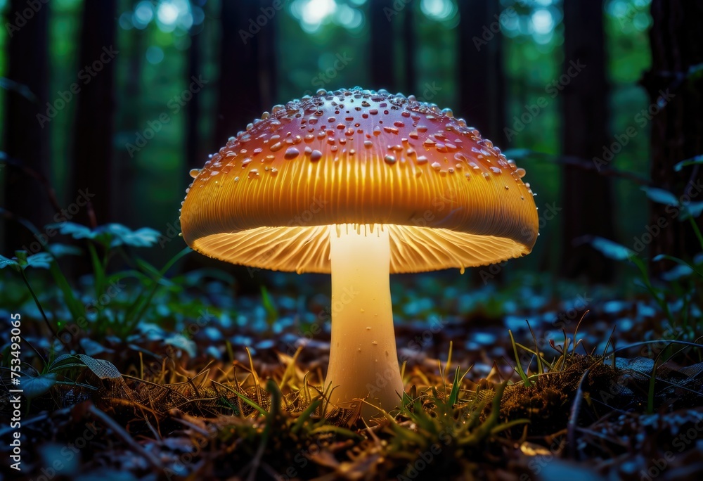 Fototapeta premium A glowing mushroom emitting light in the darkness, adding an enchanting touch to the surroundings by ai generated