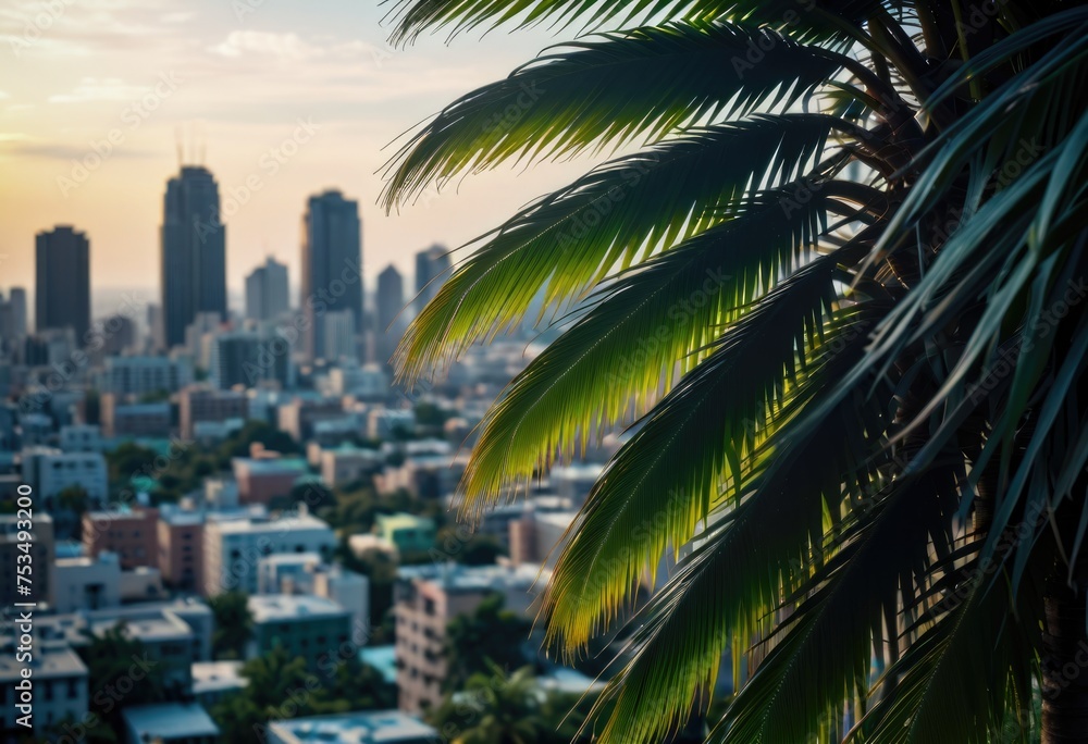 A green palm tree silhouetted against a beautiful cityscape, blending urban and natural elements harmoniously by ai generated