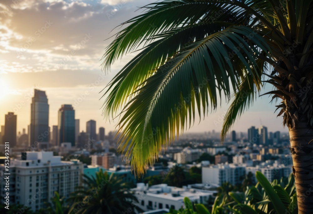 A green palm tree silhouetted against a beautiful cityscape, blending urban and natural elements harmoniously by ai generated